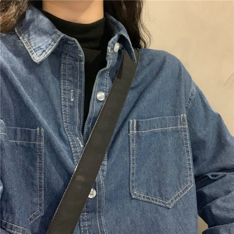 Denim shirts are loose and thin Korean women's denim shirts for girls students wear doll collar shirts inside