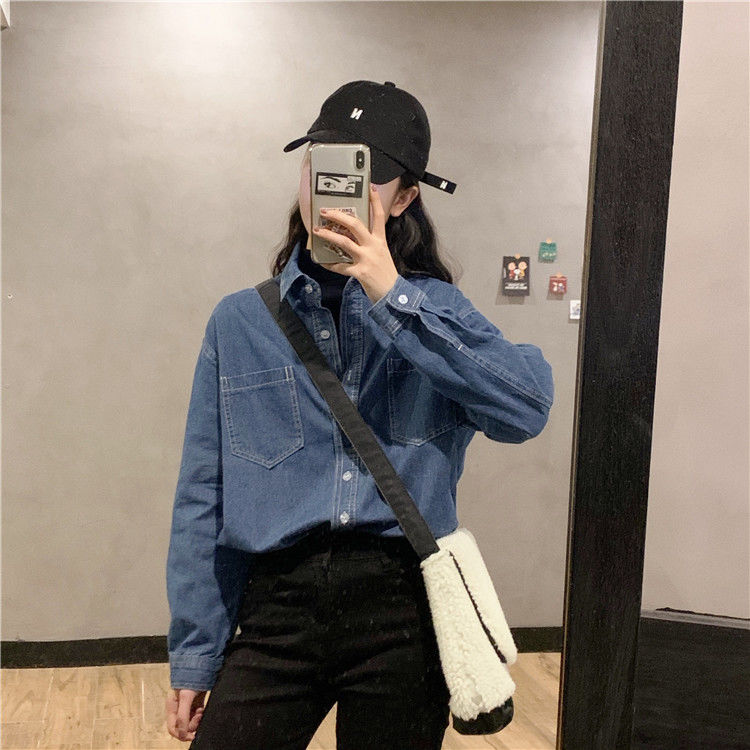 Denim shirts are loose and thin Korean women's denim shirts for girls students wear doll collar shirts inside