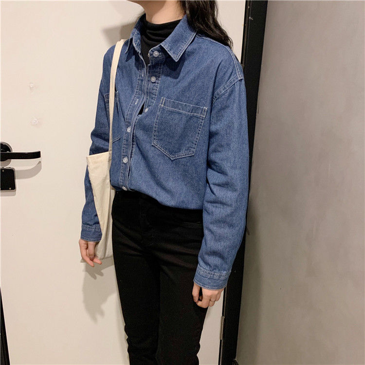 Denim shirts are loose and thin Korean women's denim shirts for girls students wear doll collar shirts inside