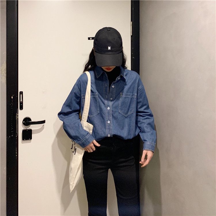 Denim shirts are loose and thin Korean women's denim shirts for girls students wear doll collar shirts inside