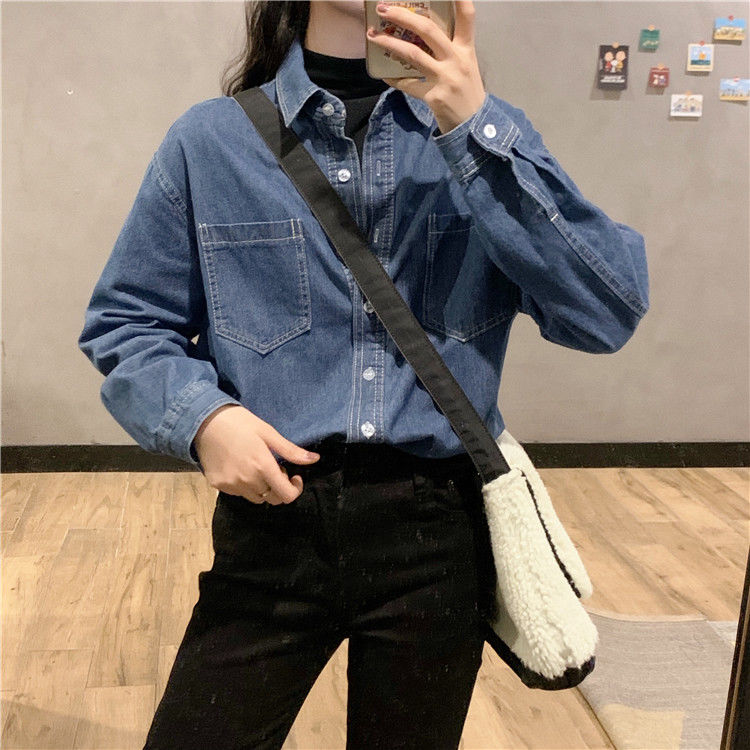 Denim shirts are loose and thin Korean women's denim shirts for girls students wear doll collar shirts inside