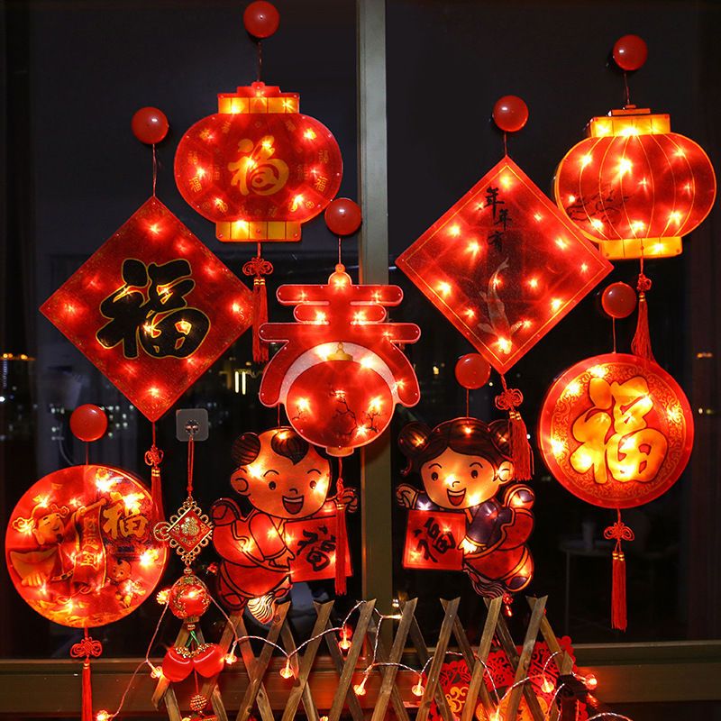 春节新年装饰吸盘灯挂灯过年阳台飘窗玻璃门布置发光福字led灯笼