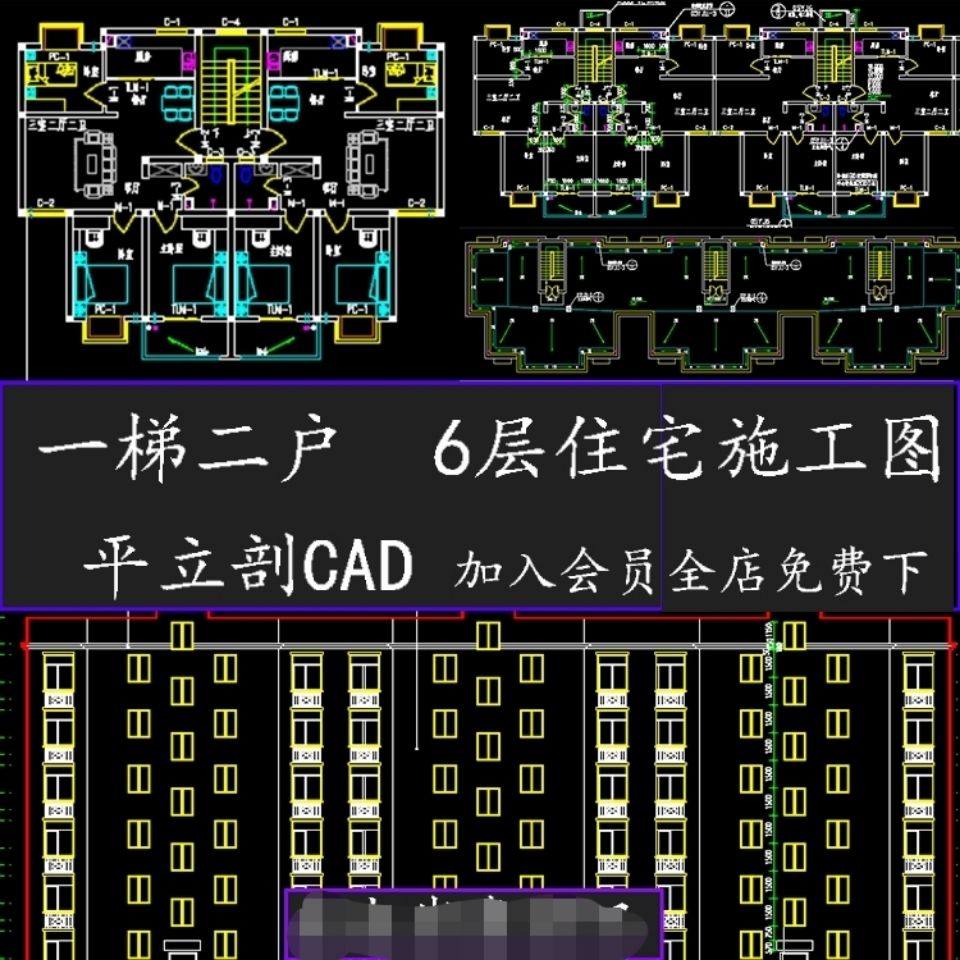 j58小区住宅楼一梯两户六层3单元建筑平立剖大样cad施工图户型图