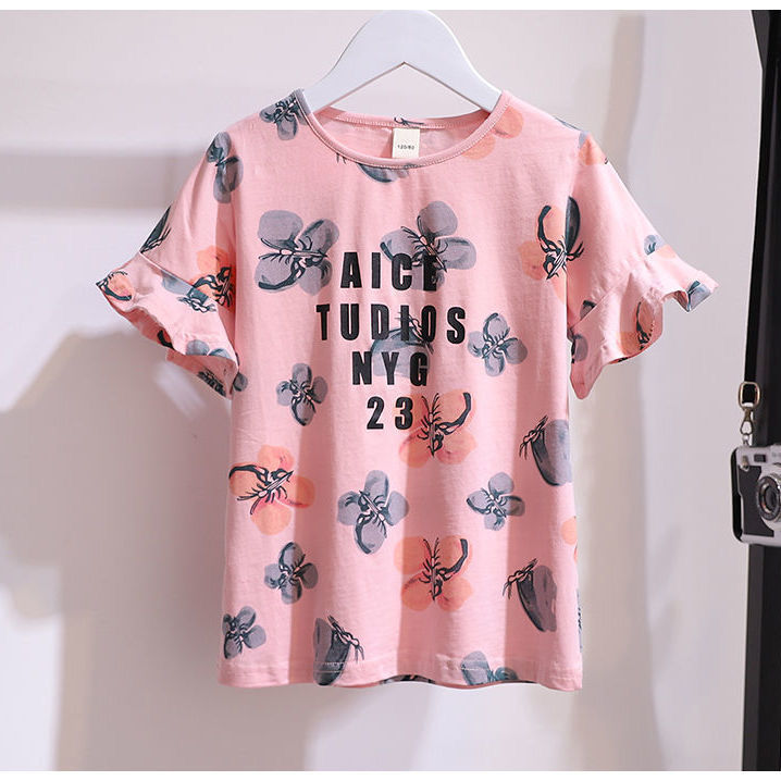 Girls' summer suit, foreign style, fashionable net red girl, Korean version of short-sleeved t-shirt, denim shorts, two-piece set for big children