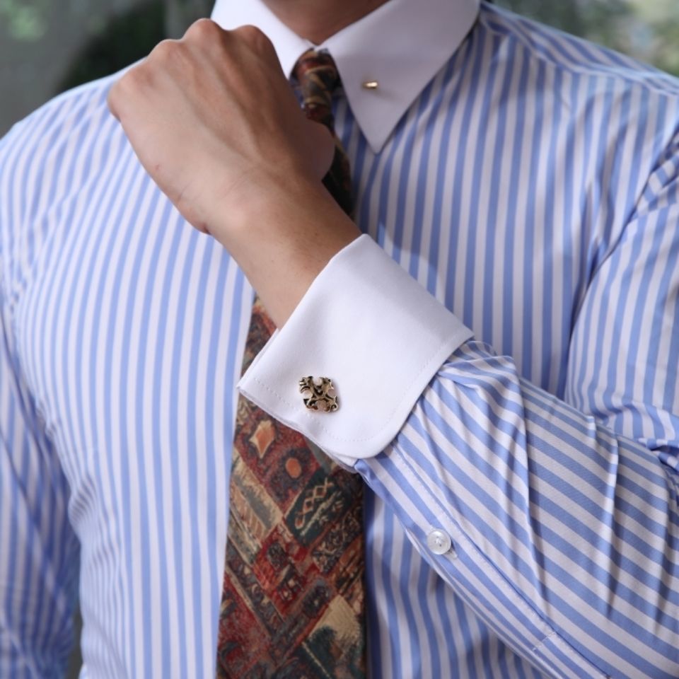 秋冬新品意式领针修身婚礼长袖条纹男士衬衫法式袖扣衬衣