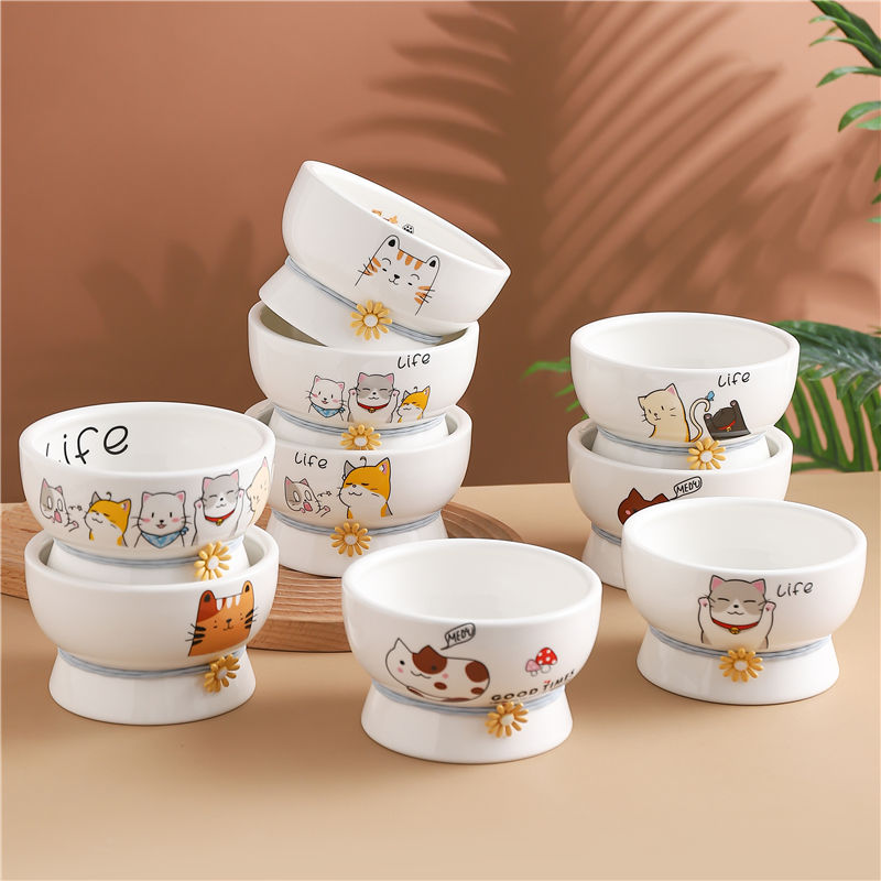 Pet ceramic bowl, cute cat bowl, short ceramic cat food bowl, water bowl, pet bowl, cervical vertebra protection, kitten food bowl to prevent overturning
