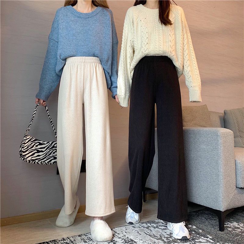 Plus velvet wide-leg pants female students autumn and winter new Korean version of loose slim straight-leg pants drape all-match casual trousers