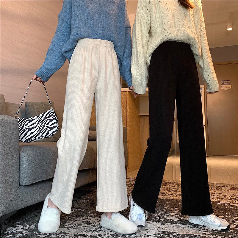 Plus velvet wide-leg pants female students autumn and winter new Korean version of loose slim straight-leg pants drape all-match casual trousers