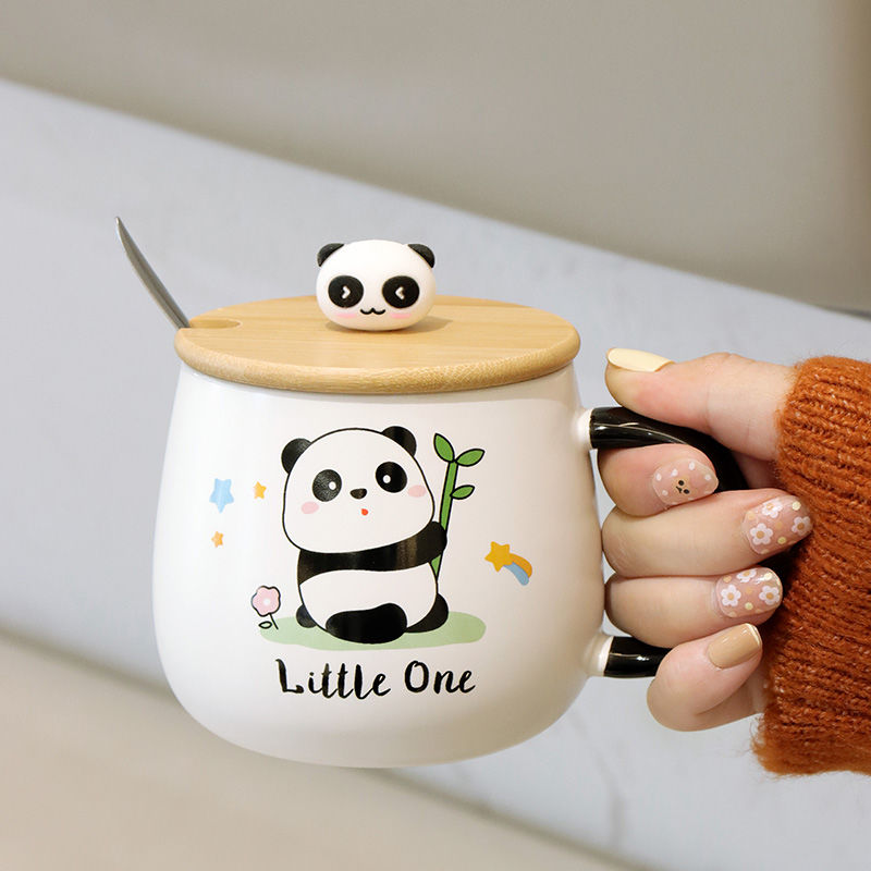 可爱熊猫杯子马克杯男女用耐高温大容量喝水杯带盖勺咖啡牛奶杯