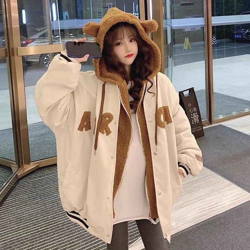 Autumn and winter lamb velvet plus velvet thick baseball jacket women's 2022 new Korean version of the loose student hooded cotton coat tide
