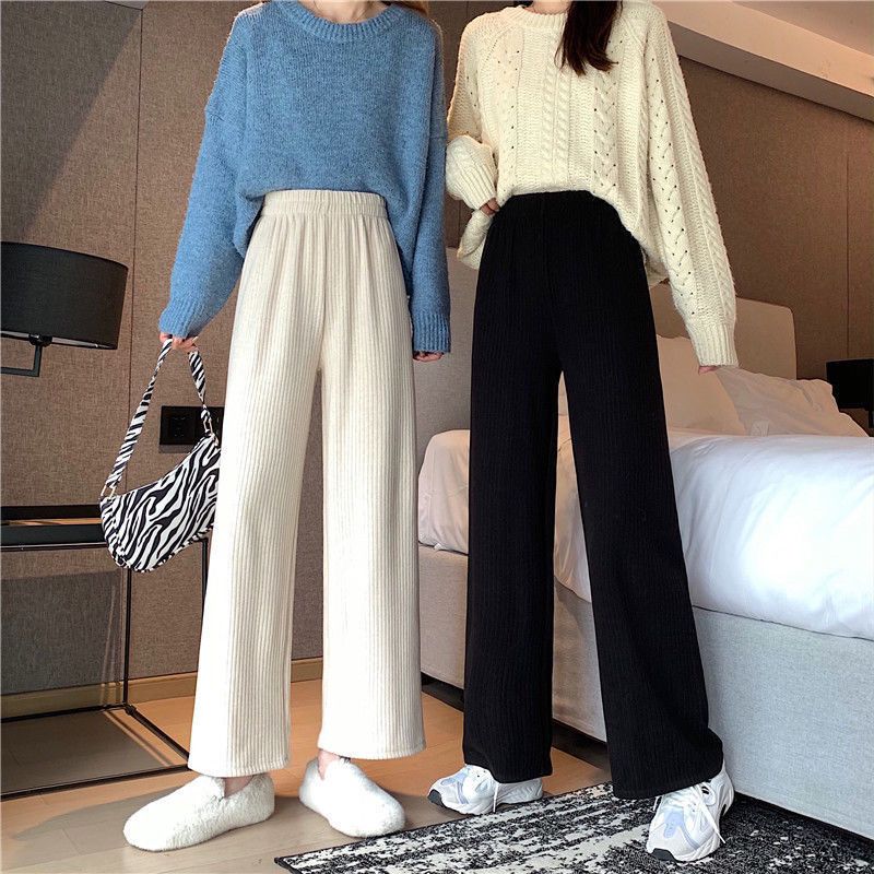 Plus velvet wide-leg pants female students autumn and winter new Korean version of loose slim straight-leg pants drape all-match casual trousers