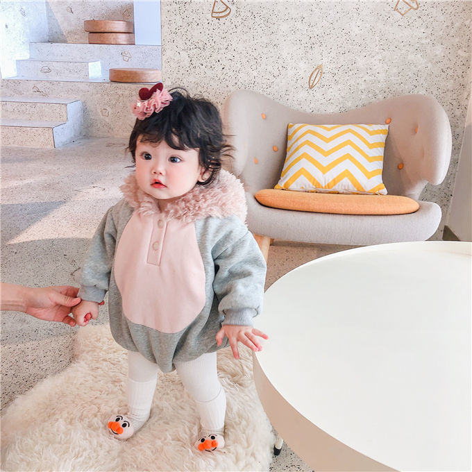 2022 autumn and winter hot style infants plus velvet thickened hooded sweater male and female baby bag fart one-piece romper romper