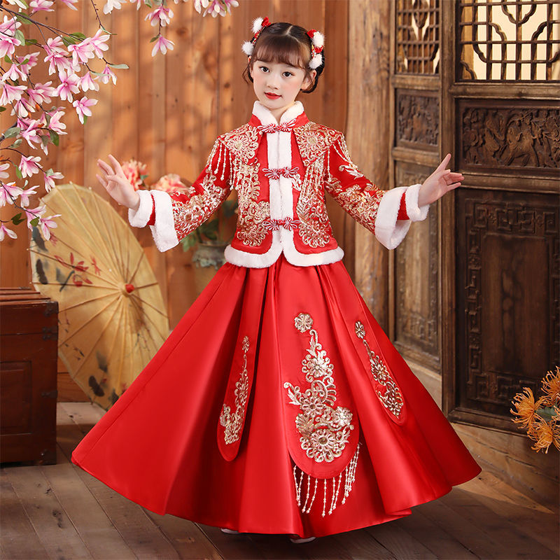 漢服兒童女洋氣套裝2022新款拜年服冬季加絨唐裝女童中國風連衣裙
