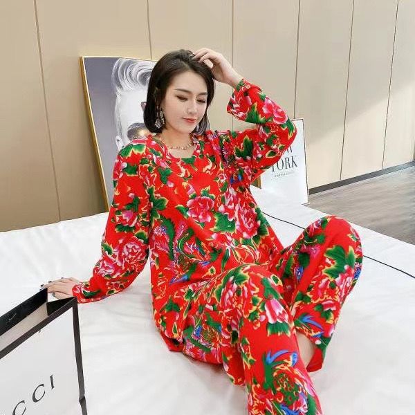 大码网红同款加肥加大东北大花睡衣女80年代土到极致洋气家居服