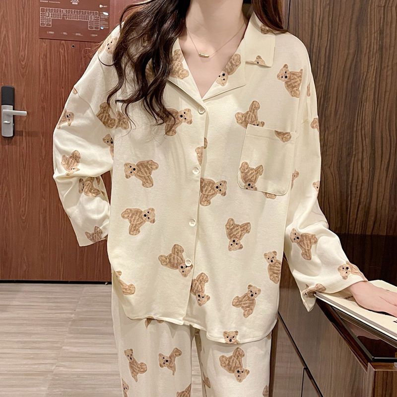 Women's pajamas spring and autumn thin section long-sleeved cartoon pure cotton student cardigan loose plus size cartoon home service suit winter