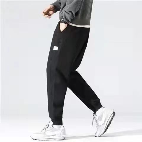 Summer ice silk pants men's thin section waffle Korean version trendy large size loose casual pants sports bunched feet nine-point pants