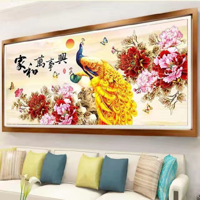 纯手工贴好的钻石画成品家和万事兴孔雀新款满钻客厅5d粘钻十字绣【3
