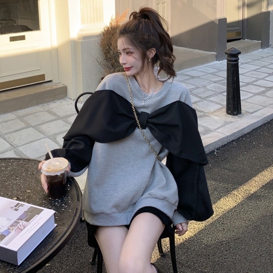 衛衣女秋冬韓版2021新款設計感蝴蝶結加絨加厚撞色寬鬆長袖上衣潮