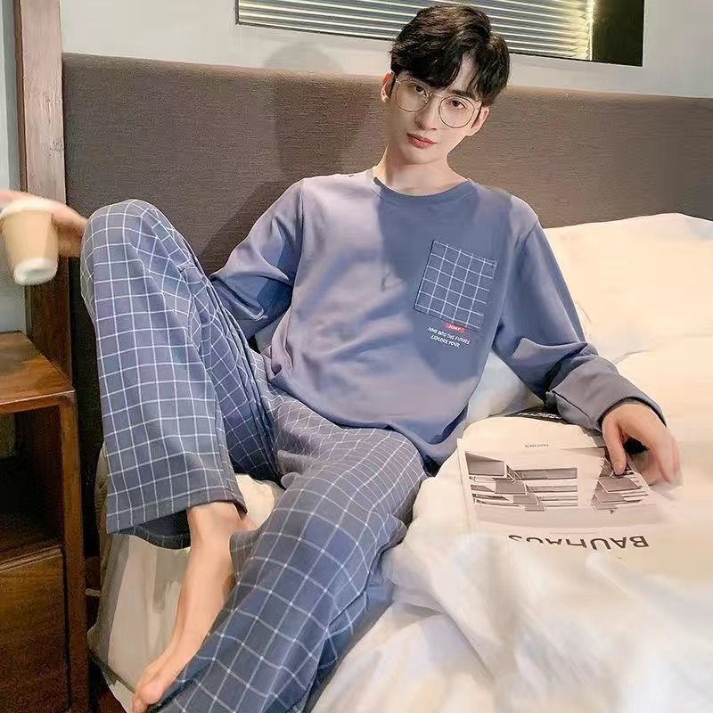 100% cotton men's pajamas long-sleeved spring and autumn youth cotton autumn and winter casual large size loose home service suit