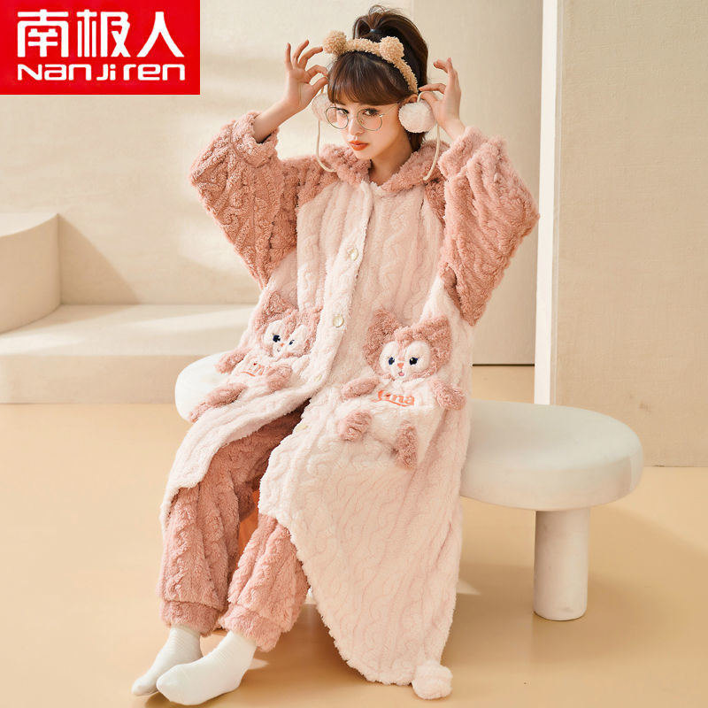 Lingna Bell pajamas women's winter coral fleece cute cartoon Korean style student flannel mid-length nightgown set