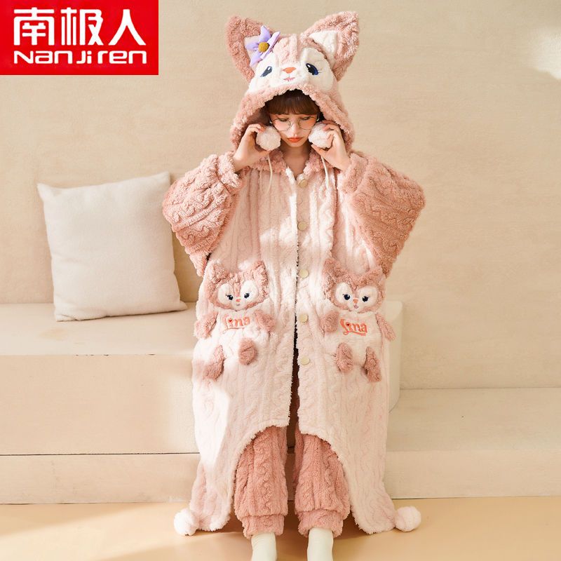 Lingna Bell pajamas women's winter coral fleece cute cartoon Korean style student flannel mid-length nightgown set
