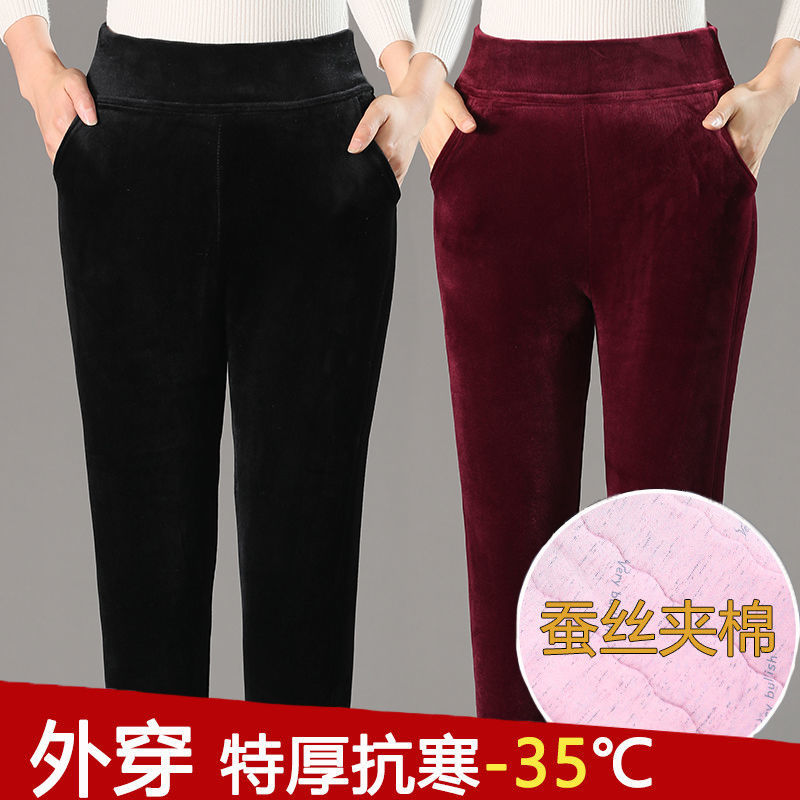 Winter women's thickened corduroy pants middle-aged and elderly mothers elastic high waist warm pants large size outerwear leggings