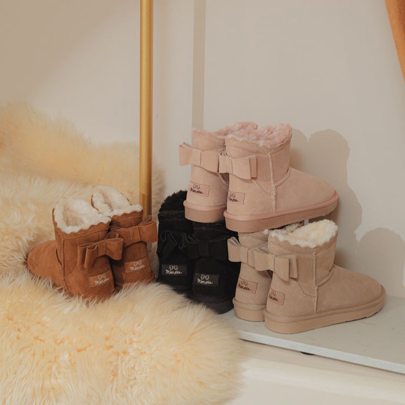 雪地靴女可爱蝴蝶结加绒保暖防滑雪地棉面包鞋冬