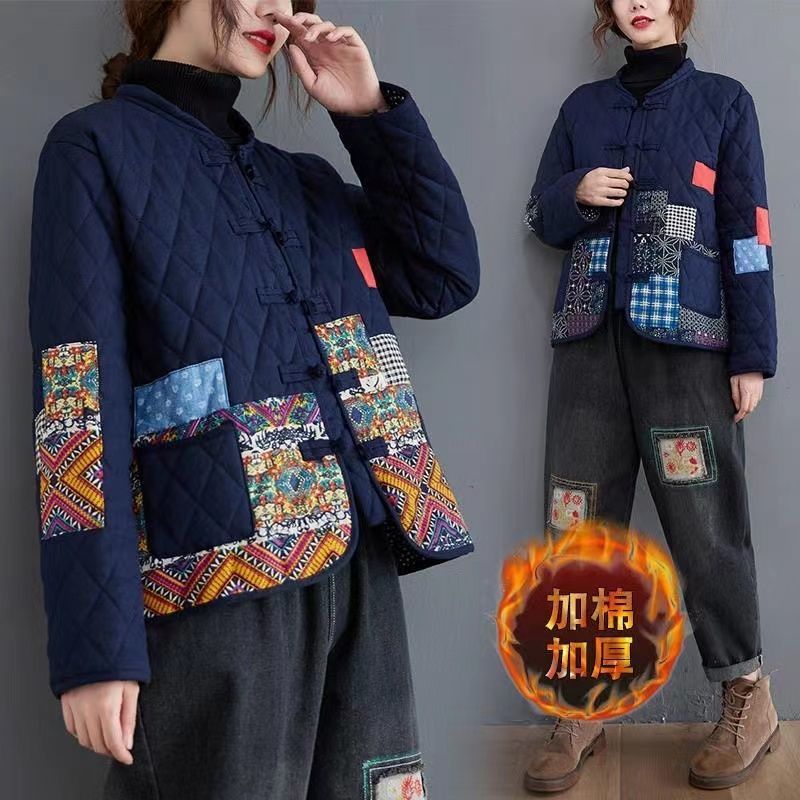 Retro loose quilted thickened printed cotton coat for middle-aged and elderly women mother's wear short cotton and linen plate-button padded jacket