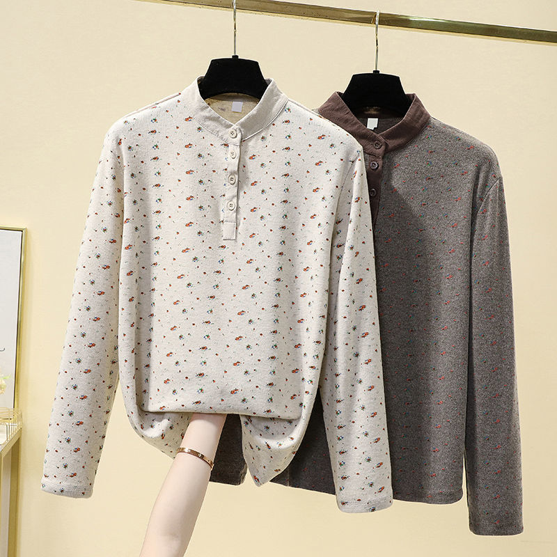 Small floral long-sleeved T-shirt ladies 2023 spring new loose retro pullover bottoming shirt casual stand-up collar top