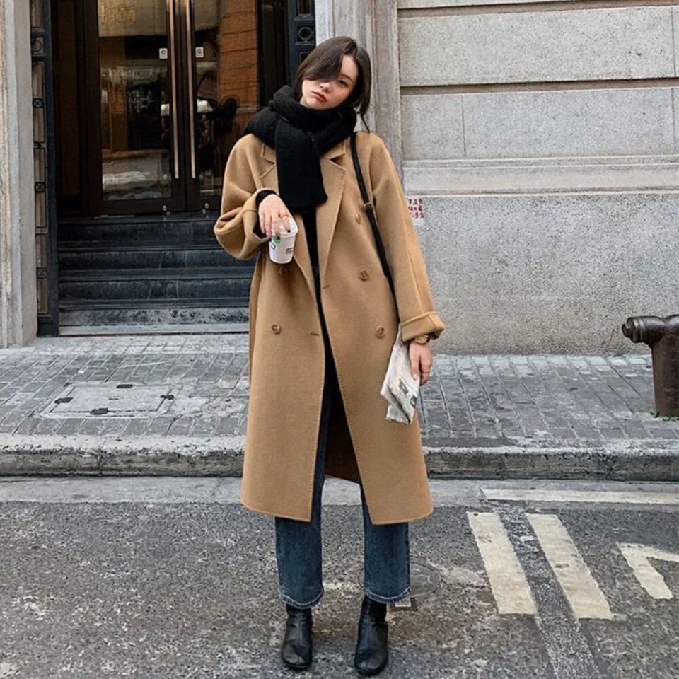 100%羊毛外套女冬季中长款大衣韩版宽松系带风衣配腰带2021新款
