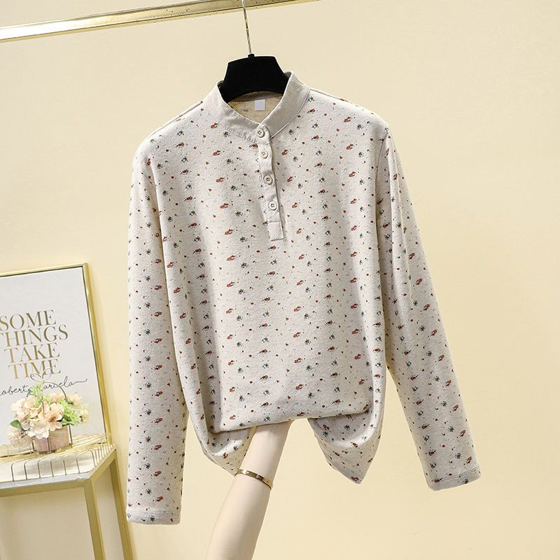 Small floral long-sleeved T-shirt ladies 2023 spring new loose retro pullover bottoming shirt casual stand-up collar top