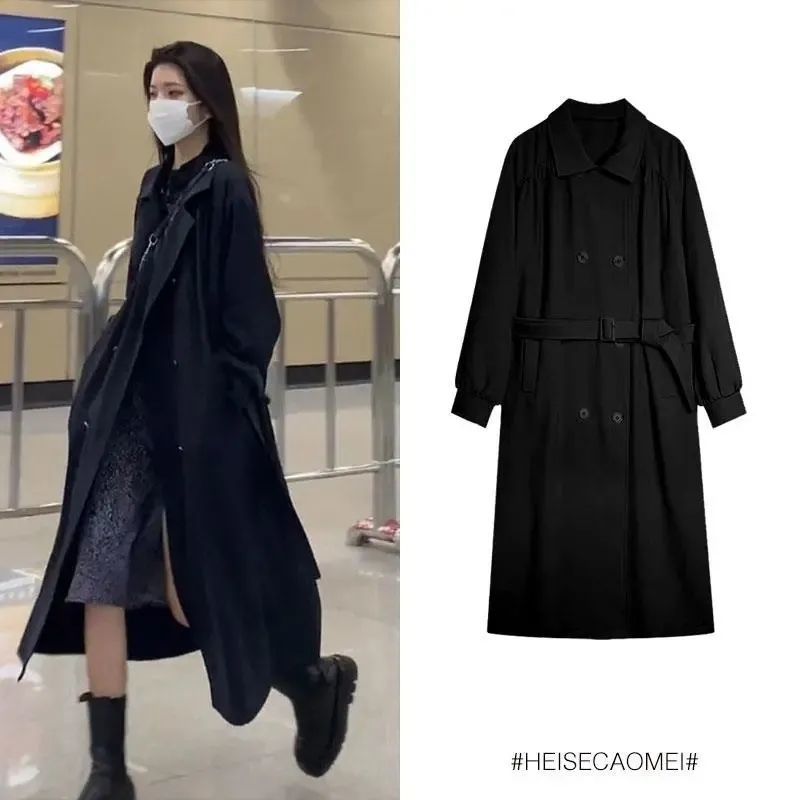 风衣女长款宽松显瘦2021秋季新款韩系大衣不粘毛赫本黑色过膝外套