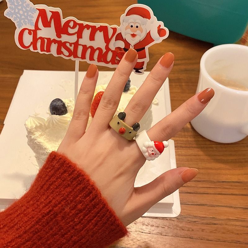 可爱手作圣诞老人小鹿戒指女年新款潮少女心小众设计感食指戒