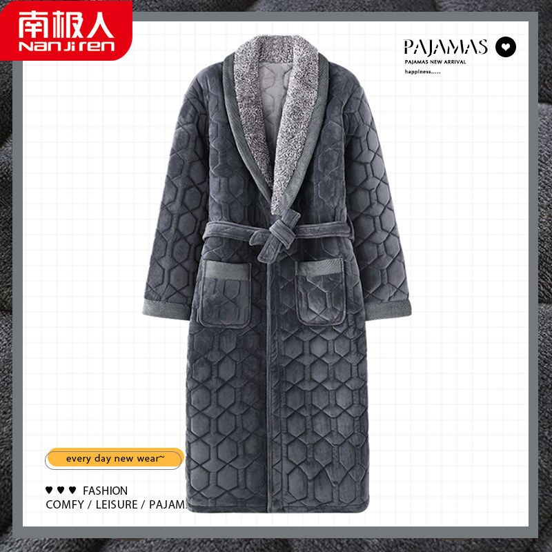 睡袍男士冬季珊瑚绒夹棉袄睡衣三层加厚保暖加绒法兰绒浴袍