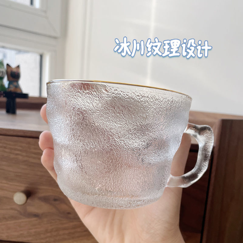 日式冰川纹玻璃杯ins风简约金边有手柄家用日常燕麦早餐杯喝水杯