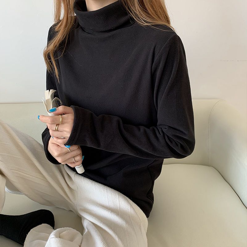 高領打底衫女秋冬季內搭韓版顯瘦純色百搭加絨長袖T恤上衣ins秋裝