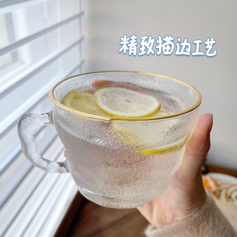 日式冰川纹玻璃杯ins风简约金边有手柄家用日常燕麦早餐杯喝水杯