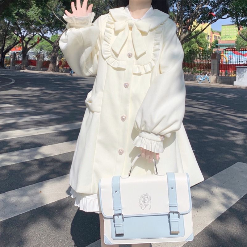 日系甜美可愛小個子娃娃領毛呢外套女秋冬季呢子大衣2023年新款