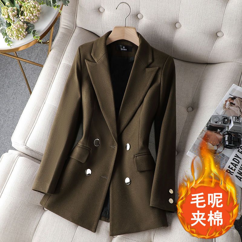 毛呢外套女加棉加厚西裝顯瘦不臃腫上衣冬季中長款外穿保暖小西服