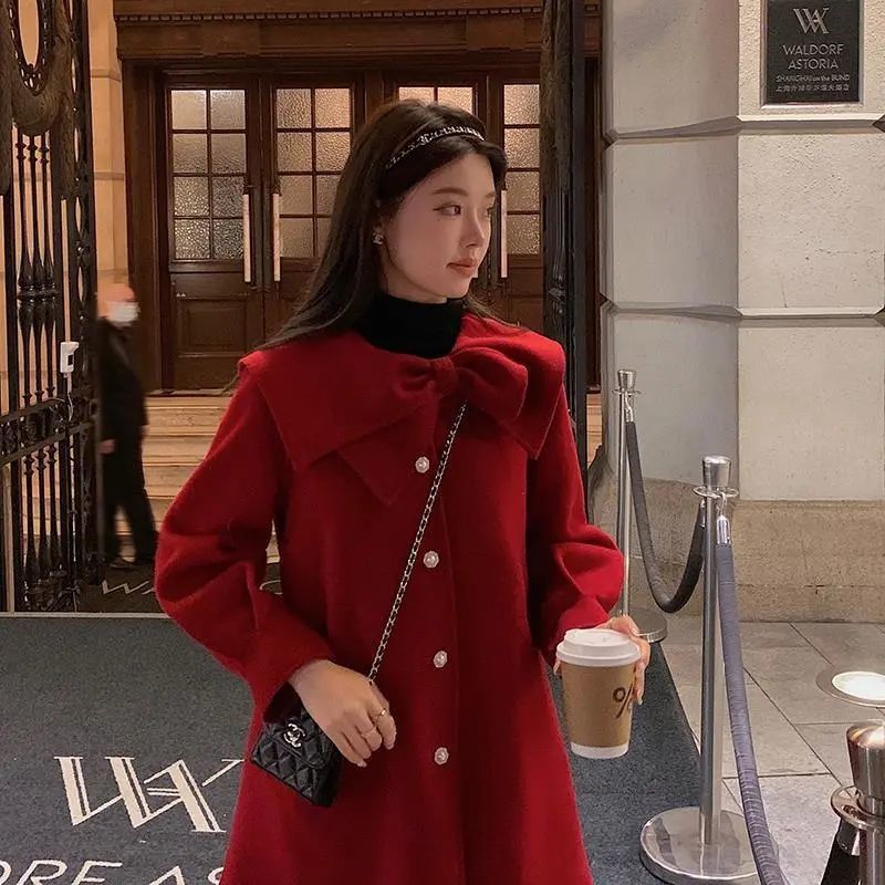 Celebrity style white bowknot woolen coat women's autumn and winter thickened temperament dragon and phoenix small short coat trendy