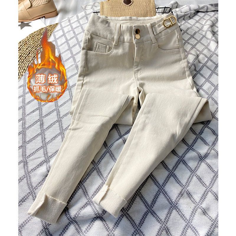 杏白色牛仔褲女高腰大碼顯瘦百搭緊身加絨彈力秋冬季小腳褲靴褲子