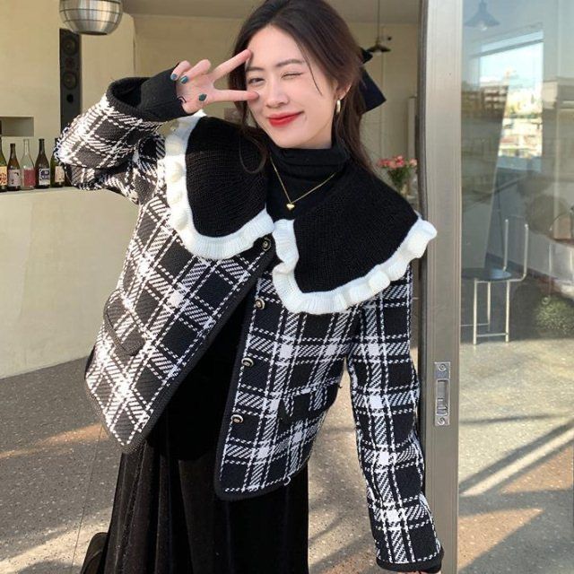 復古格子娃娃領毛呢加絨加厚外套女裝秋冬2022新款小個子洋氣上衣