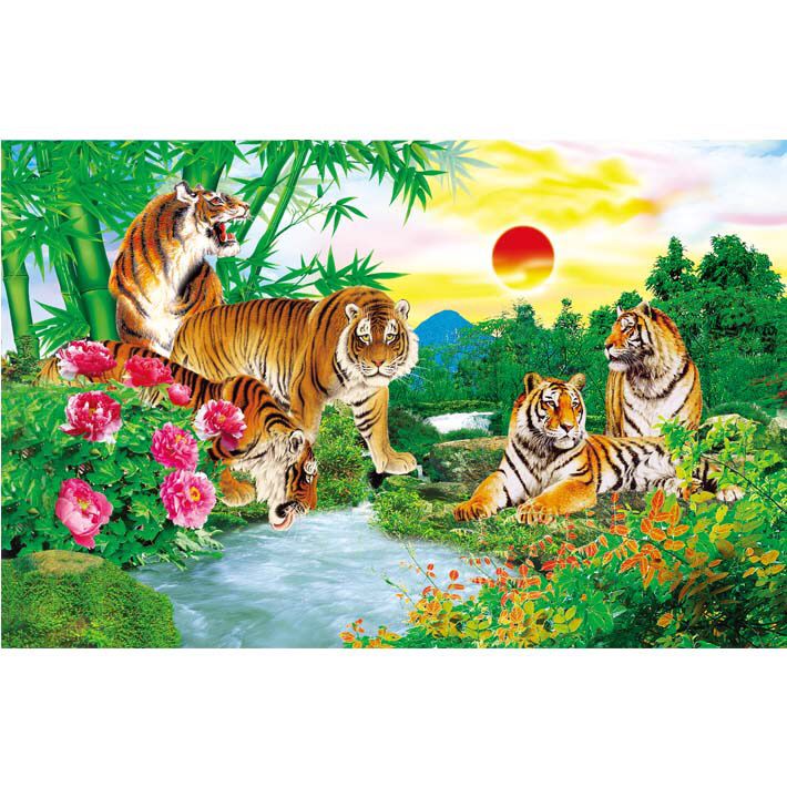 五福临门传统年画老虎图五虎图上山虎下山虎虎年贴画动物生肖海报