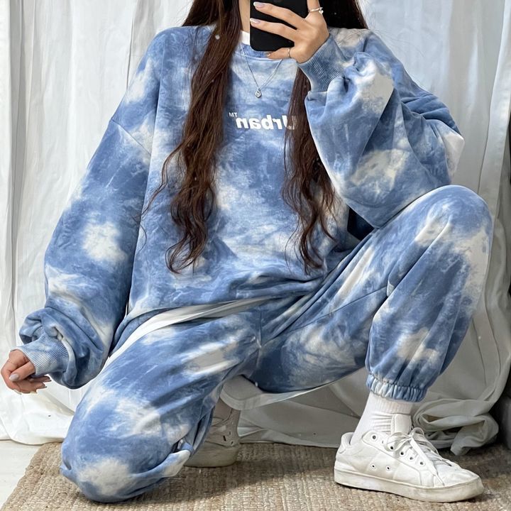 4-color tie dye women's clothing, suitable for spring, autumn, winter, sleeved, long pants, fashionable casual_voghion.com