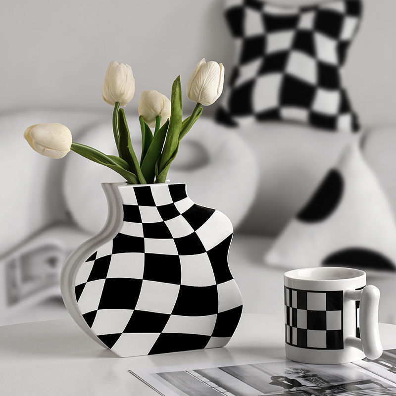 贝汉美创意黑白棋盘格花瓶摆件客厅茶几电视柜边几装饰品道具