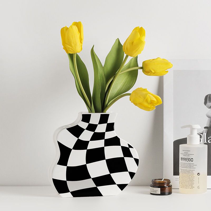 贝汉美创意黑白棋盘格花瓶摆件客厅茶几电视柜边几装饰品道具