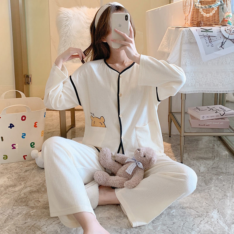 ins風睡衣女秋可愛2022新款春秋季棉質長袖長褲學生家居服套裝