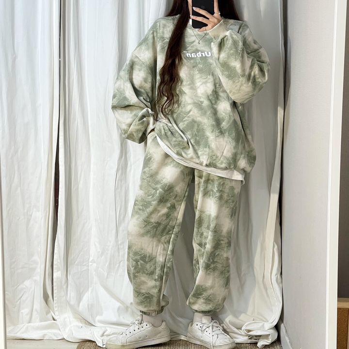 4-color tie dye women's clothing, suitable for spring, autumn, winter, sleeved, long pants, fashionable casual_voghion.com