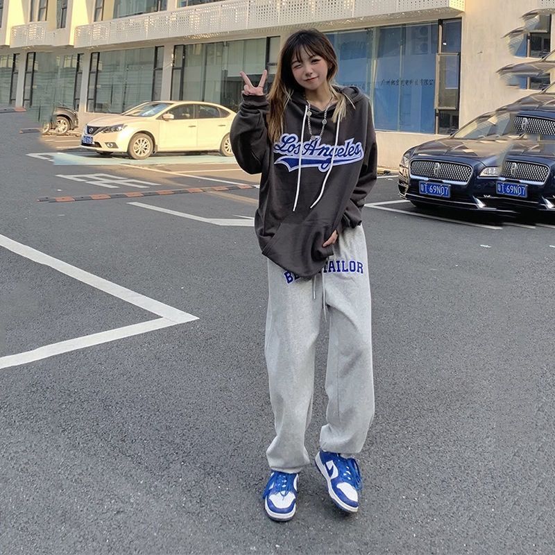 秋冬美式卫裤欧美风英文刺绣宽松运动男女长裤百搭休闲高街束脚裤 咩吔值得买