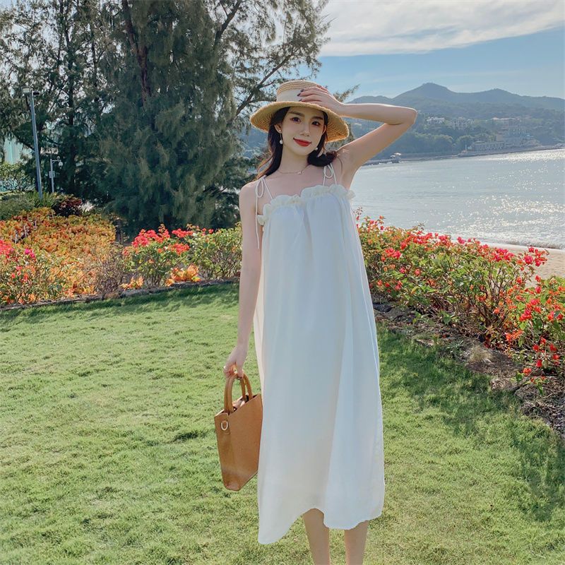 白色连衣裙夏季仙女裙长款超仙沙滩裙女海边度假超仙三亚吊带长裙